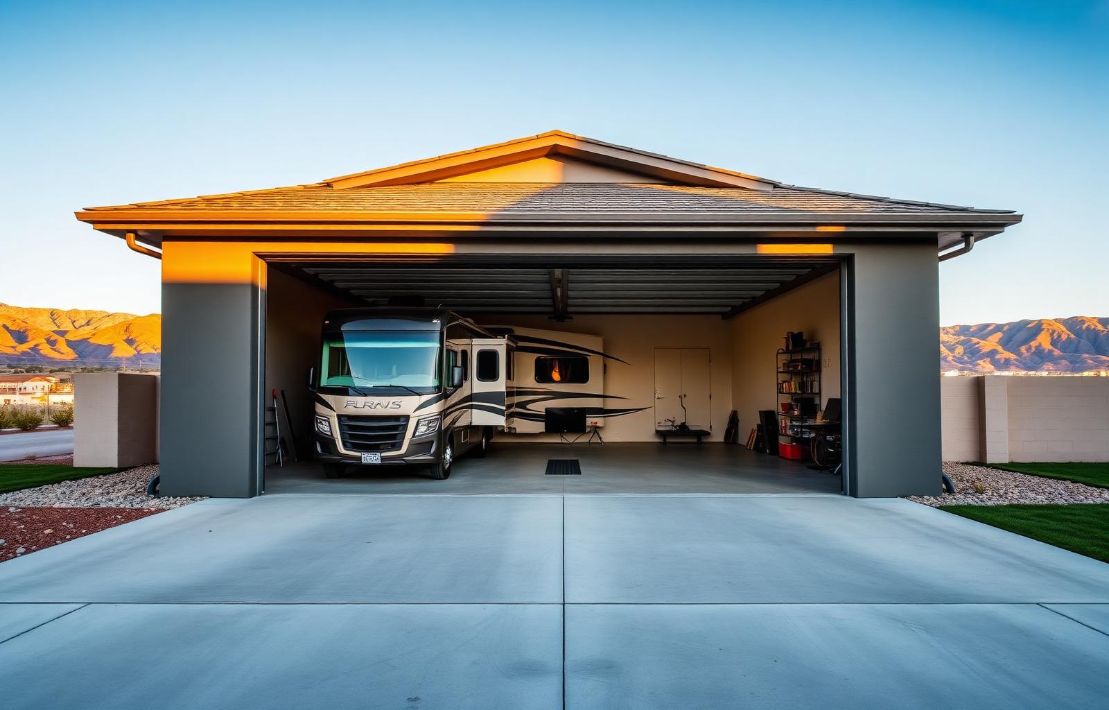 Garage with storage space at golden hour